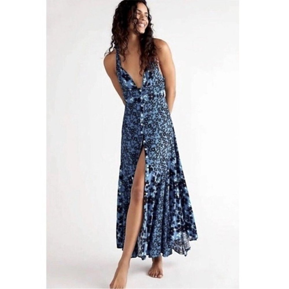 NEW Free People Dewberry Maxi Dress Cobalt Combo Floral Blue Black Buttoned - Picture 6 of 6